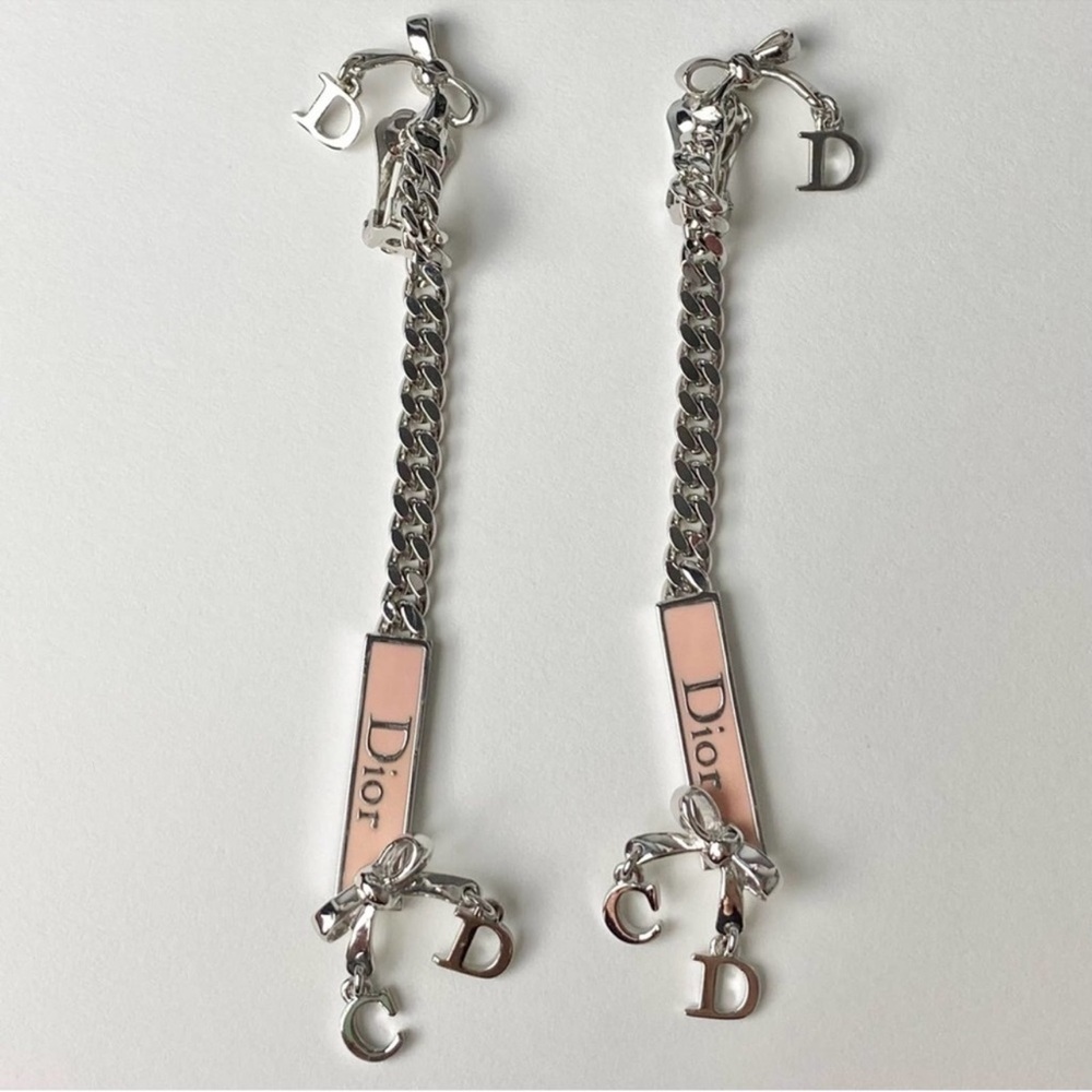 AUTH VTG Christian Dior Silver Long Chain Pink Enamel Nameplate Logo Earrings - Picture 2 of 12
